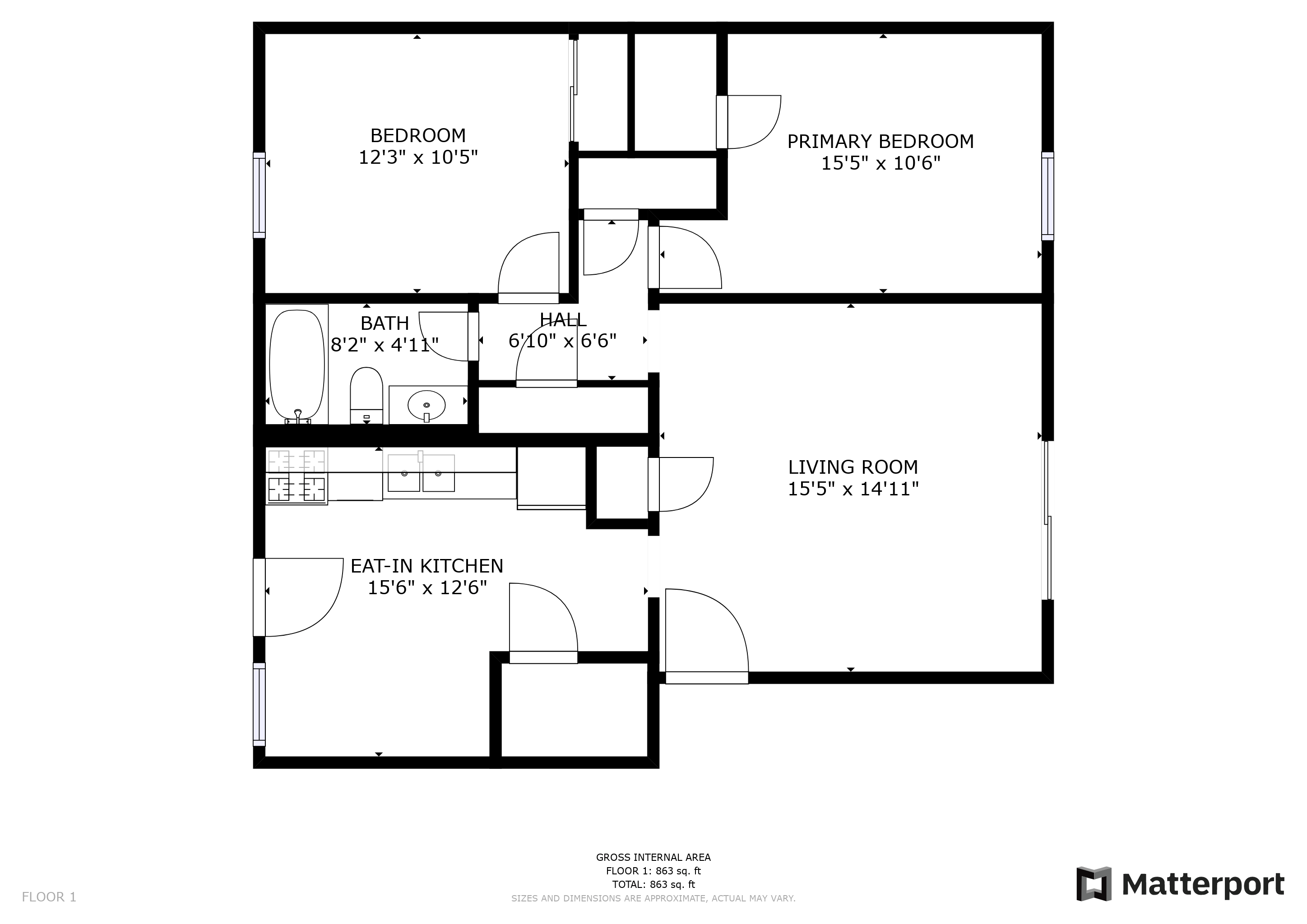 Floor plan for 2 beds, 1 bath, 885 sqft